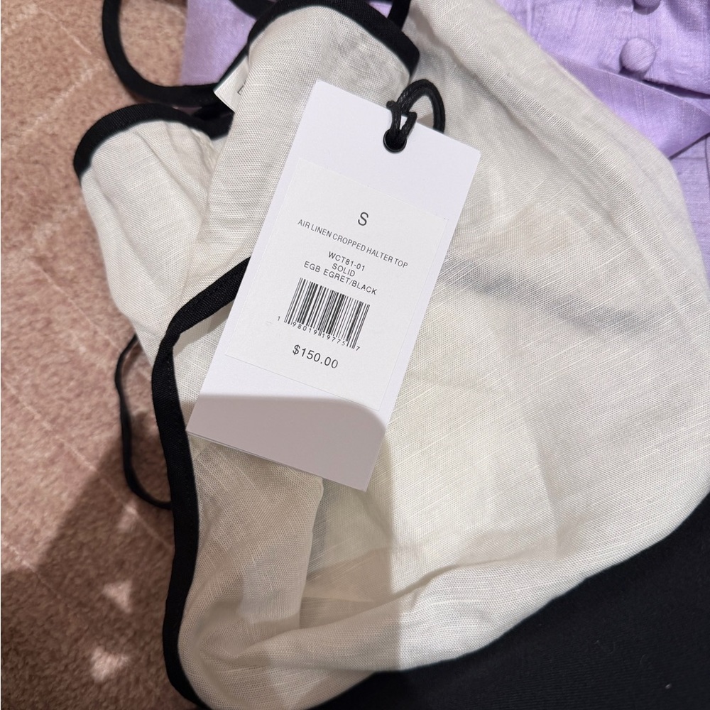 Onia Air Linen Cropped Halter Top in Egret & Black - Picture 2 of 2